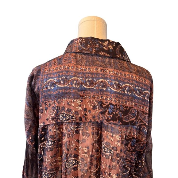 ZARA M Bohemian Brown Rust Blue Print Dolman Sleeve Button-Down Blouse - Picture 7 of 16